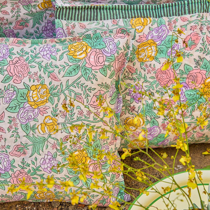 Pink and Green Rose Blockprint Double Bed Quilt-Quilt sets-House of Ekam