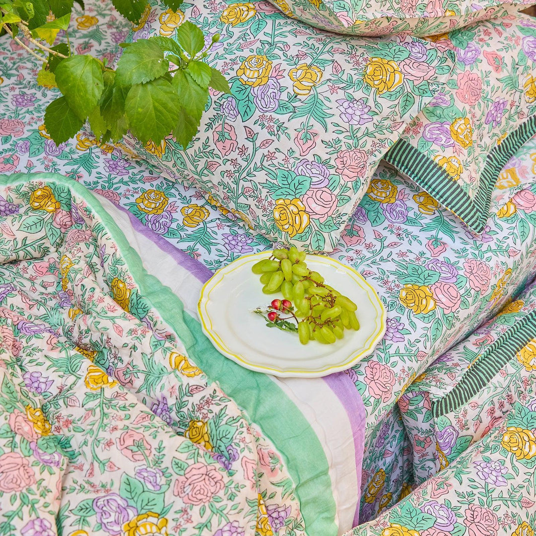 Pink and Green Rose Blockprint Double Bed Quilt-Quilt sets-House of Ekam