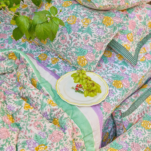 Pink and Green Rose Blockprint Double Bed Quilt-Quilt sets-House of Ekam