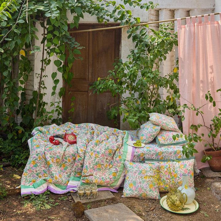 Pink and Green Rose Blockprint Double Bed Quilt-Quilt sets-House of Ekam