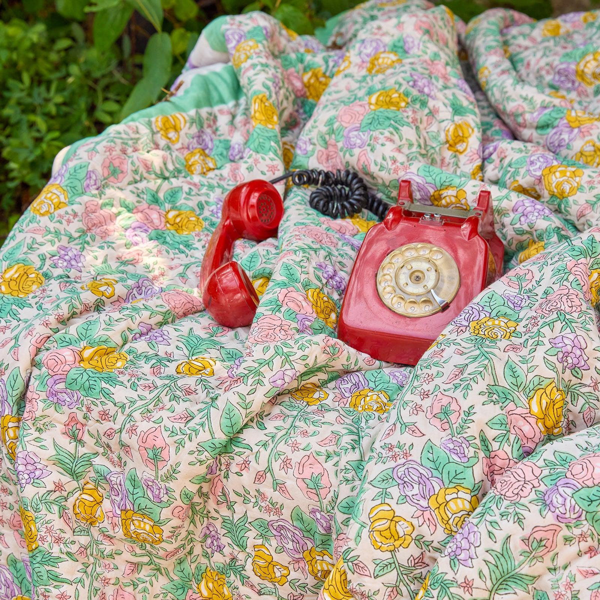 Pink and Green Rose Blockprint Double Bed Quilt-Quilt sets-House of Ekam