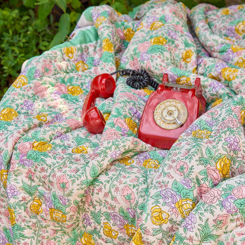 Pink and Green Rose Blockprint Double Bed Quilt-Quilt sets-House of Ekam