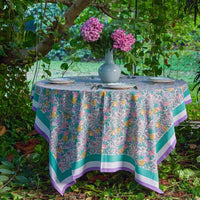Pink and Green Rose Handblockprinted Table Cloth-Table Runners-House of Ekam