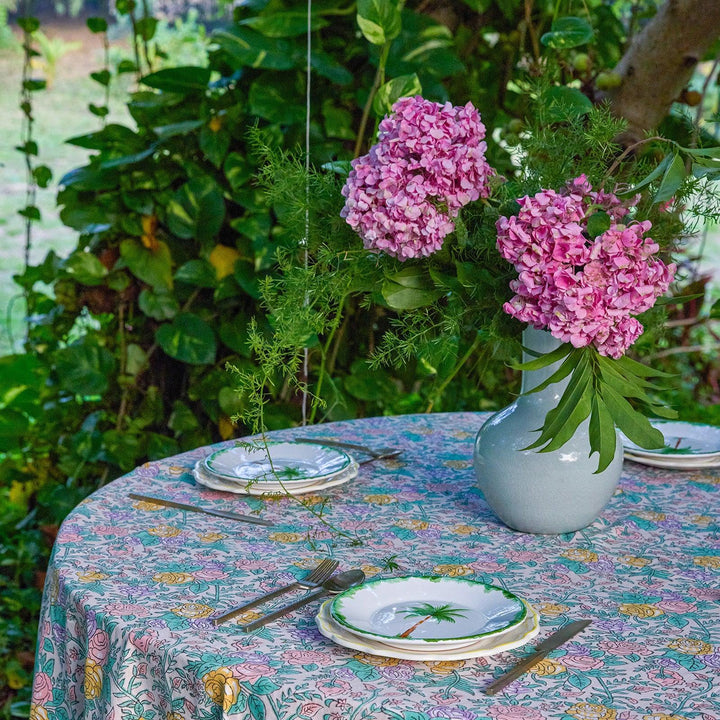 Pink and Green Rose Handblockprinted Table Linen-Table Runners-House of Ekam