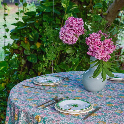 Pink and Green Rose Handblockprinted Table Linen-Table Runners-House of Ekam