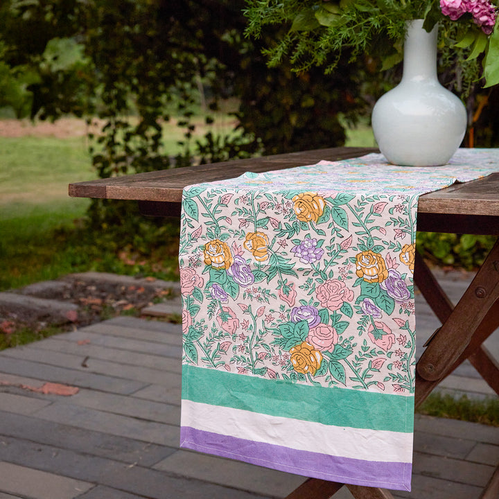 Pink and Green Rose Handblockprinted Table Linen-Table Runners-House of Ekam