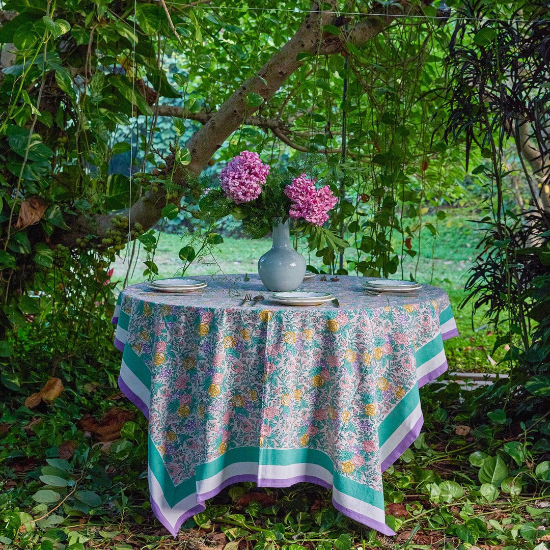 Pink and Green Rose Handblockprinted Table Linen-Table Runners-House of Ekam