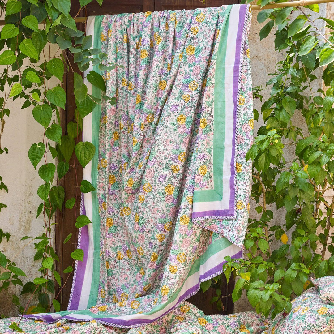 Pink and Green Rose Queen Size Muslin Dohar-Quilt sets-House of Ekam