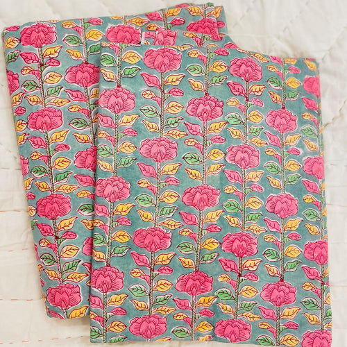 Pink and Green Twines Blockprint Cotton Fabric-fabric-House of Ekam