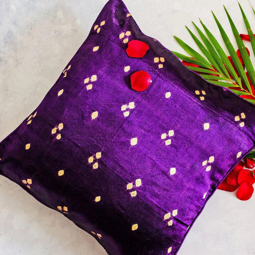 Purple Bandhni Mashru Silk Cushion Cover-Cushion Covers-House of Ekam