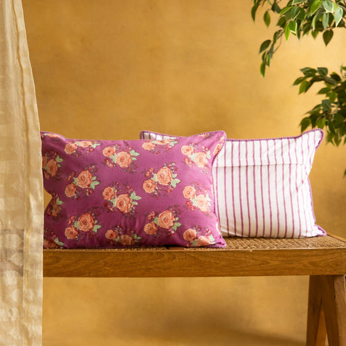 Purple Kentish Rose Blockprinted Cushion Cover-Cushion Covers-House of Ekam