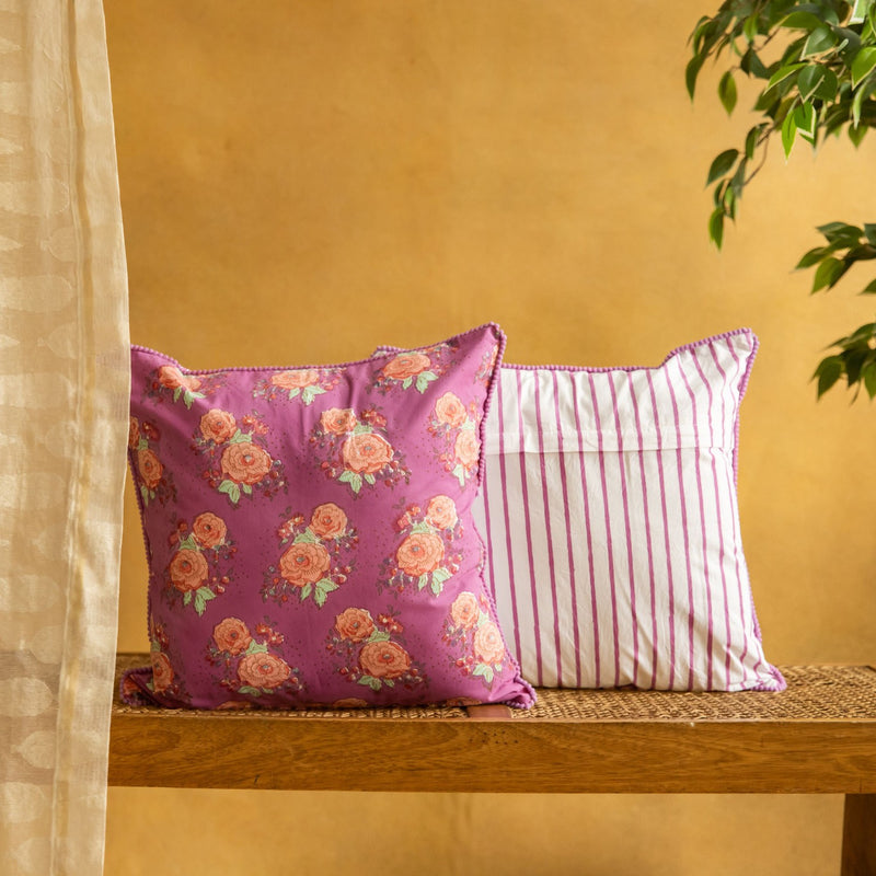 Purple Kentish Rose Blockprinted Cushion Cover-Cushion Covers-House of Ekam