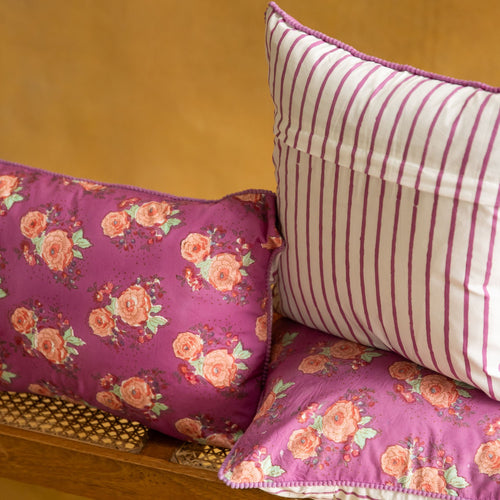 Purple Kentish Rose Blockprinted Cushion Cover-Cushion Covers-House of Ekam