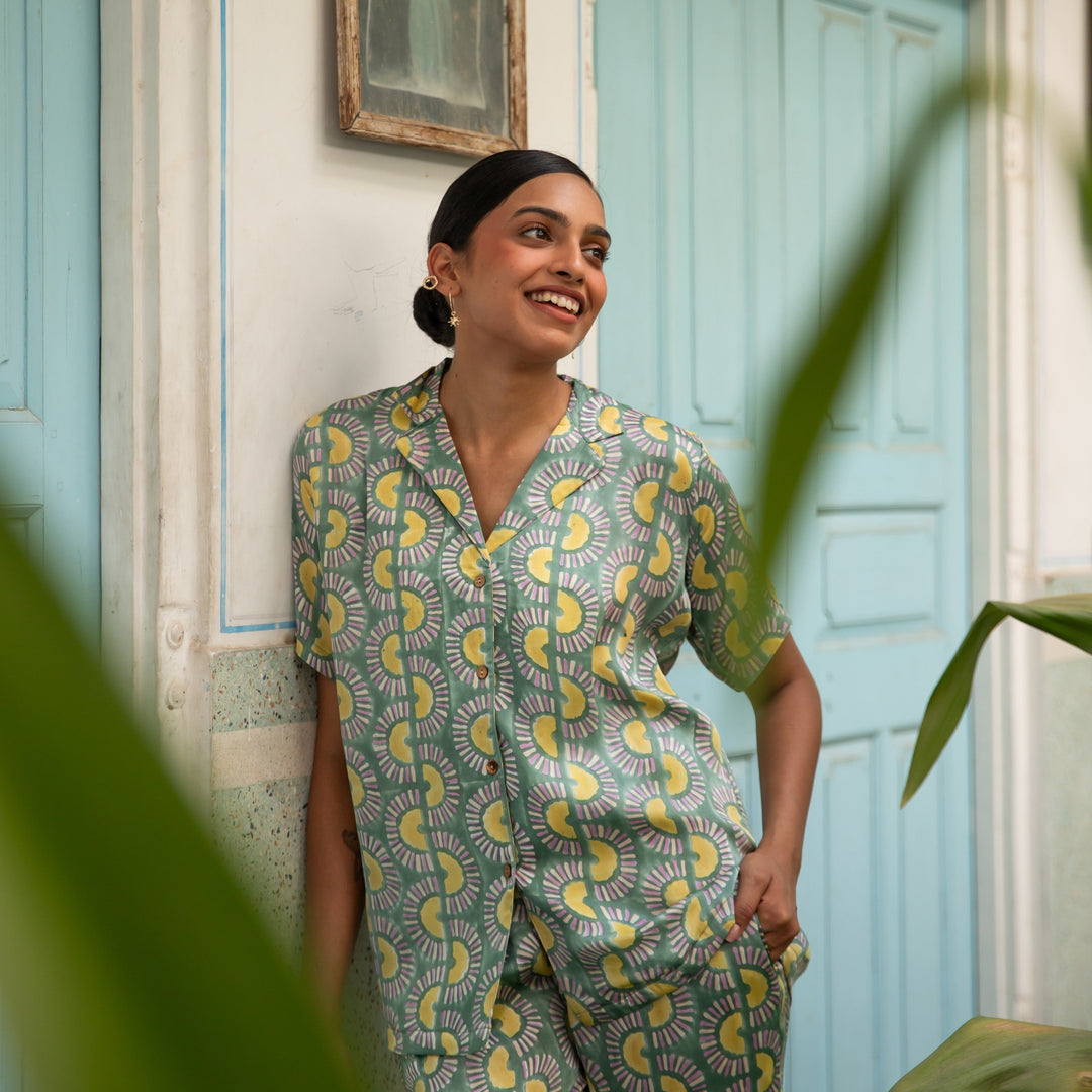Rainbow Dreams Green Cotton Satin Co-ord Set-Coord sets-House of Ekam