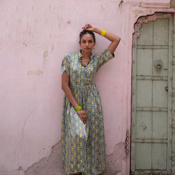 Green Rainbow Cotton Satin Dress For Women – House of Ekam