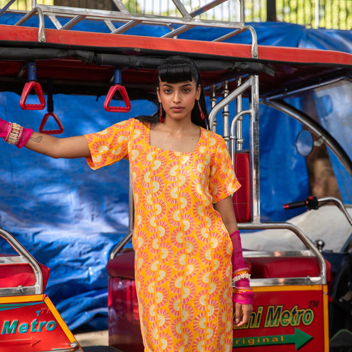 Rainbow Dreams Orange Cotton Satin Dress-Dresses-House of Ekam