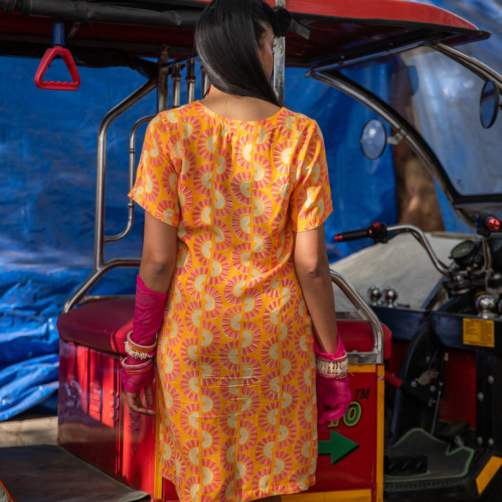 Rainbow Dreams Orange Cotton Satin Dress-Dresses-House of Ekam