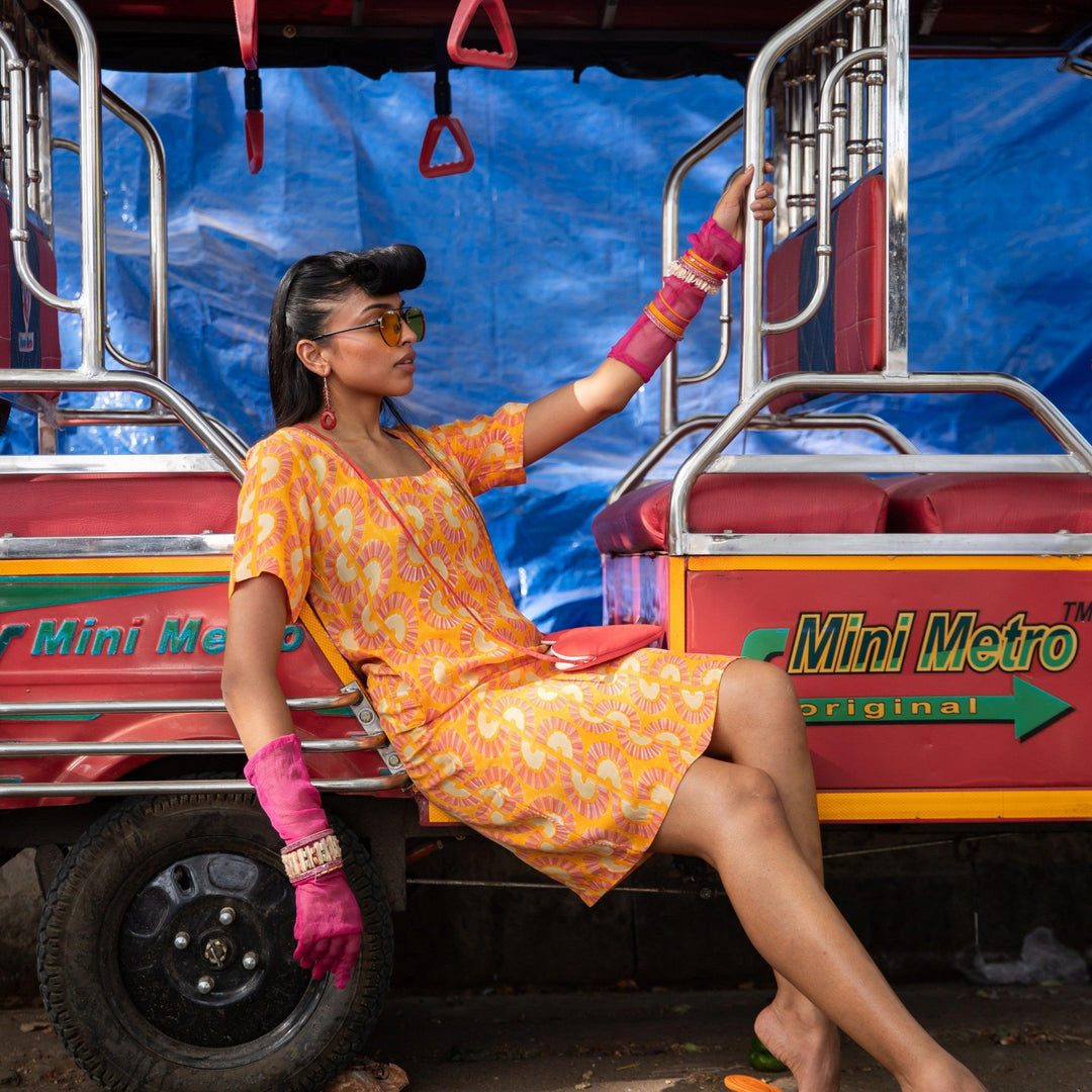 Rainbow Dreams Orange Cotton Satin Dress-Dresses-House of Ekam