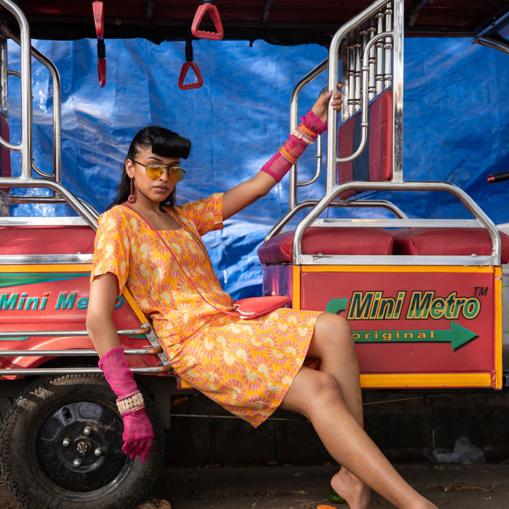Rainbow Dreams Orange Cotton Satin Dress-Dresses-House of Ekam