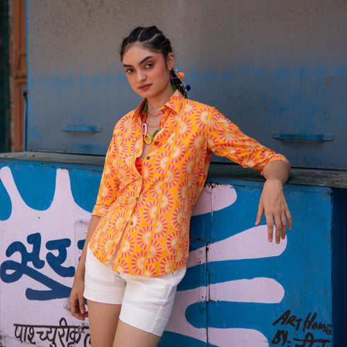 Rainbow Dreams Orange Cotton Shirt-Shirts-House of Ekam