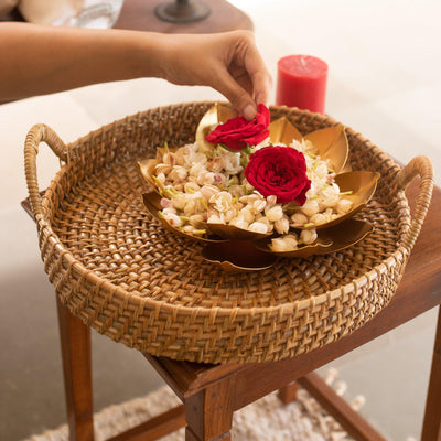 Rattan Round Serving Tray with Handle-Trays-House of Ekam