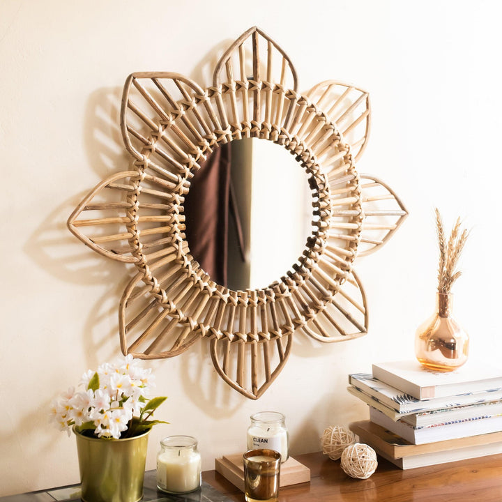 Rattan Sunflower Wall Mirror-Mirrors-House of Ekam