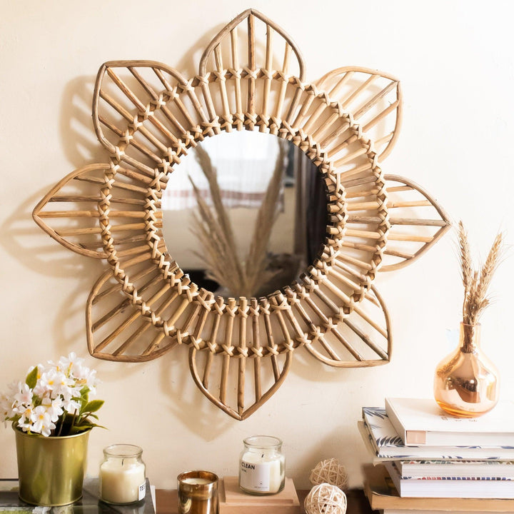Rattan Sunflower Wall Mirror-Mirrors-House of Ekam