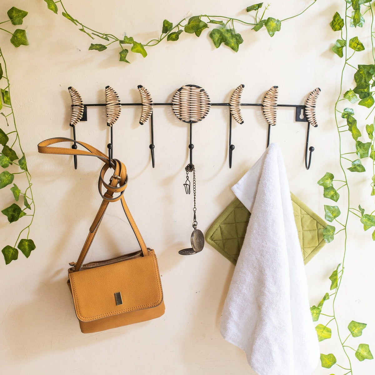 Rattan and Metal Moon Phase Wall Hook-Wall Art-House of Ekam