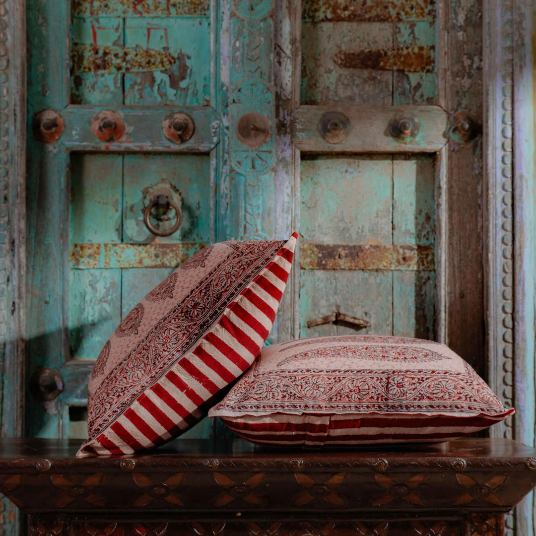 Red Ambi Kalamkari Blockprint Cushion Cover-Cushion Covers-House of Ekam