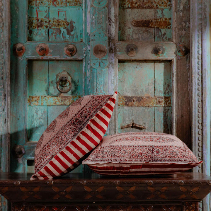 Red Ambi Kalamkari Blockprint Cushion Cover-Cushion Covers-House of Ekam