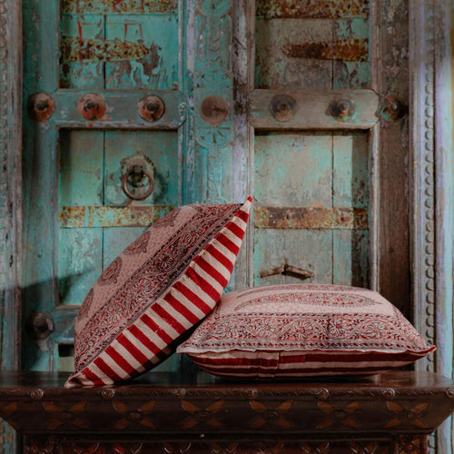 Red Ambi Kalamkari Blockprint Cushion Cover-Cushion Covers-House of Ekam