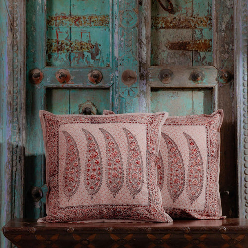 Red Ambi Kalamkari Blockprint Cushion Cover-Cushion Covers-House of Ekam