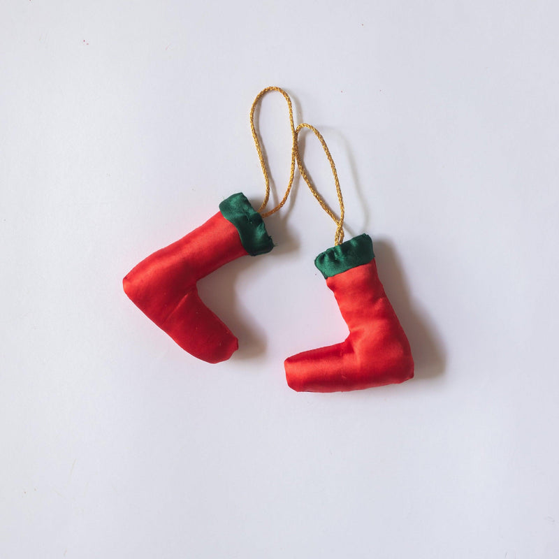 Red And Green Silk Mini Stocking Christmas Ornament Set of 2-Ornaments-House of Ekam