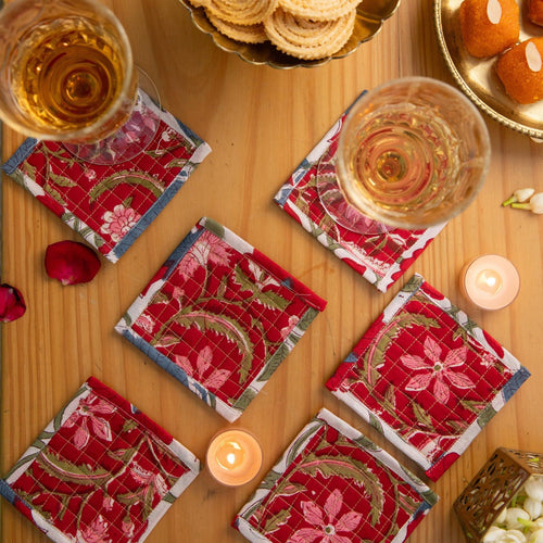 Red Blockprinted Festive Coaster Set of 6-Coasters-House of Ekam