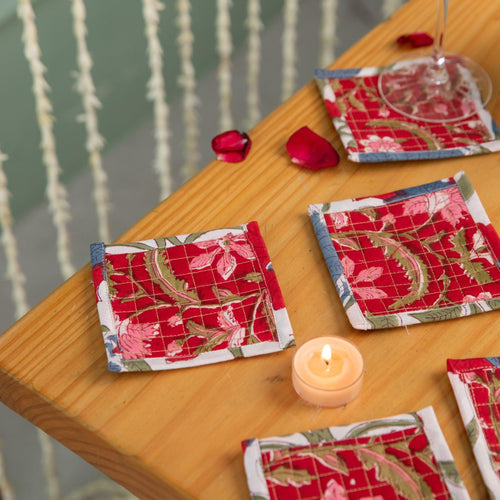 Red Blockprinted Festive Coaster Set of 6-Coasters-House of Ekam