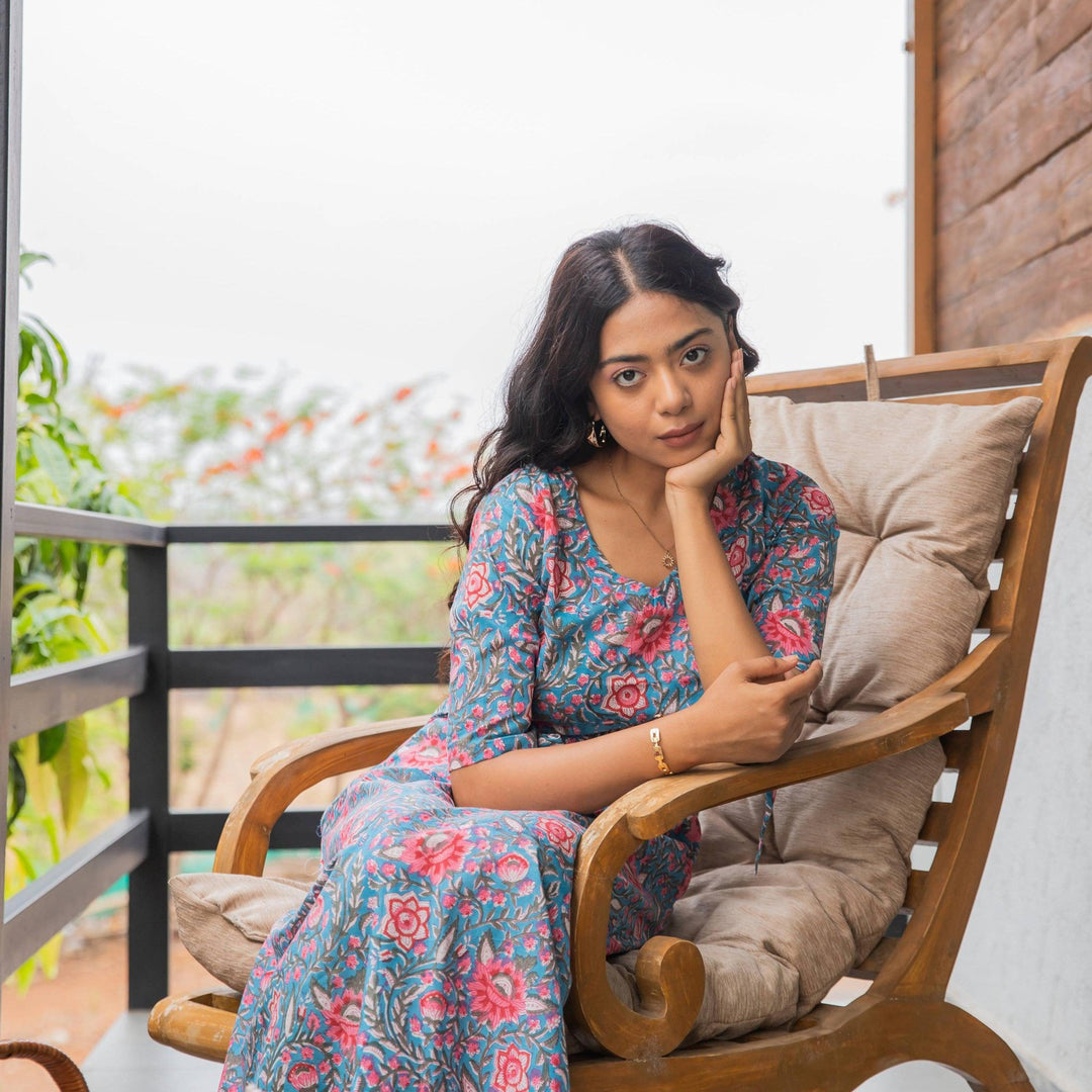 Red &amp; Blue Isha Floral Jaal Hand Blockprinted Dress-Dresses-House of Ekam