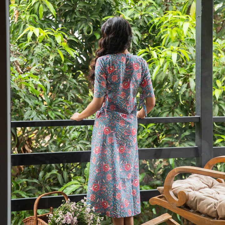 Red &amp; Blue Isha Floral Jaal Hand Blockprinted Dress-Dresses-House of Ekam
