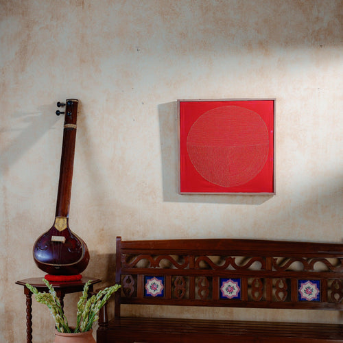 Red Chakra Lambani Hand Embroidery Wall Art 2*2 feet-Framed Wall Art-House of Ekam