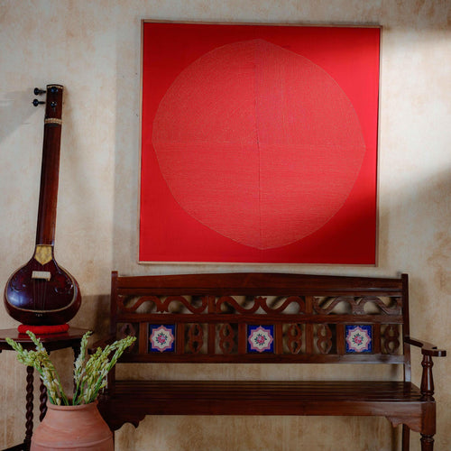 Red Chakra Lambani Hand Embroidery Wall Art 4*4 feet-Framed Wall Art-House of Ekam