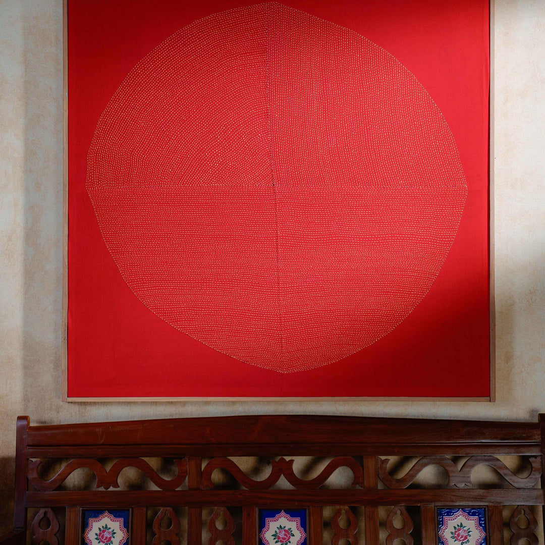 Red Chakra Lambani Hand Embroidery Wall Art 4*4 feet-Framed Wall Art-House of Ekam