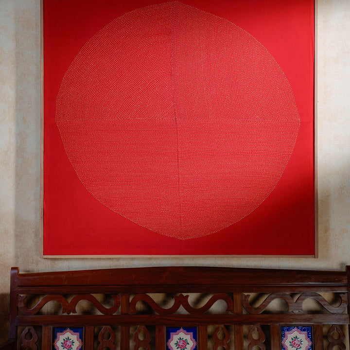 Red Chakra Lambani Hand Embroidery Wall Art 4*4 feet-Framed Wall Art-House of Ekam