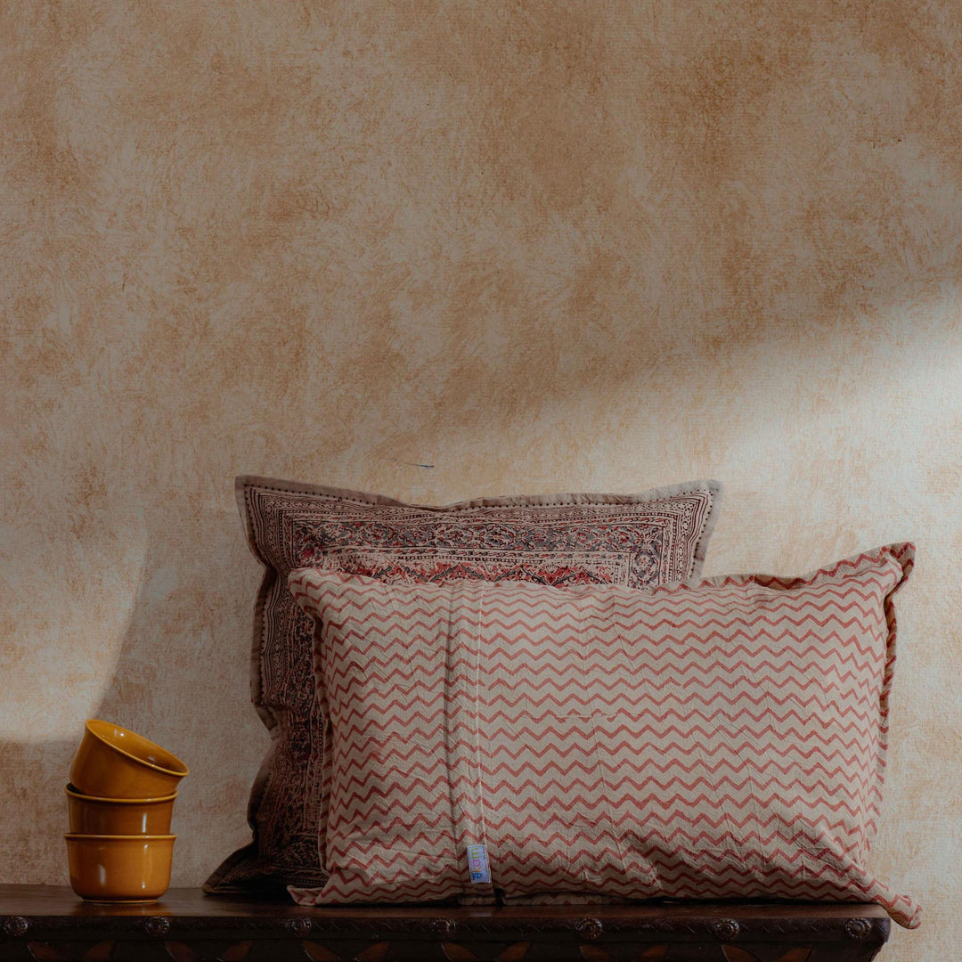 Red Firdaus Kalamkari Blockprint Cushion Cover-Cushion Covers-House of Ekam