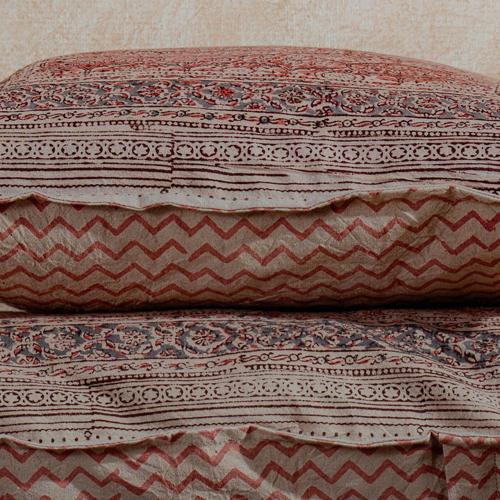 Red Firdaus Kalamkari Blockprint Cushion Cover-Cushion Covers-House of Ekam