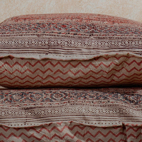 Red Firdaus Kalamkari Blockprint Cushion Cover-Cushion Covers-House of Ekam