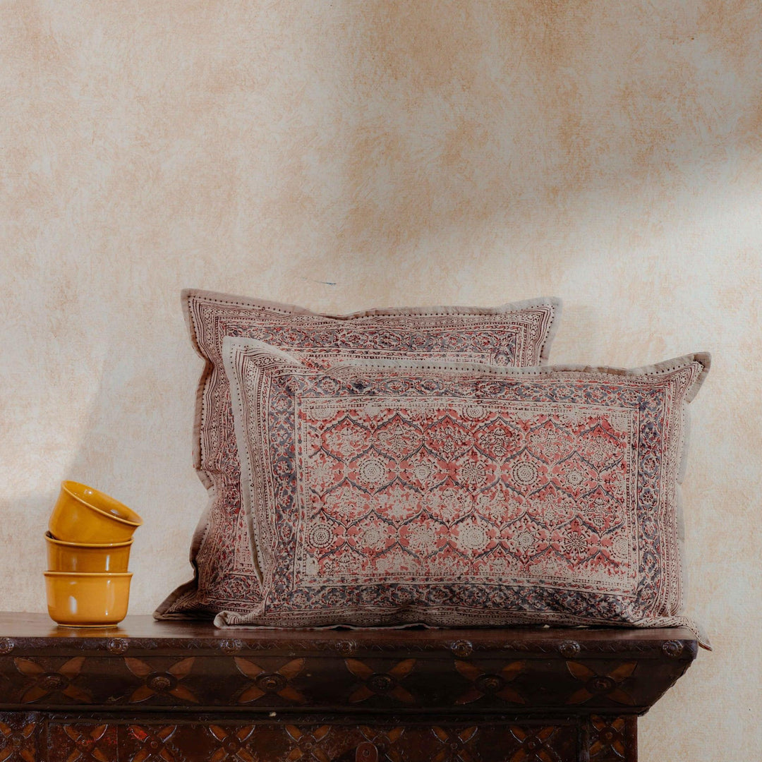 Red Firdaus Kalamkari Blockprint Cushion Cover-Cushion Covers-House of Ekam