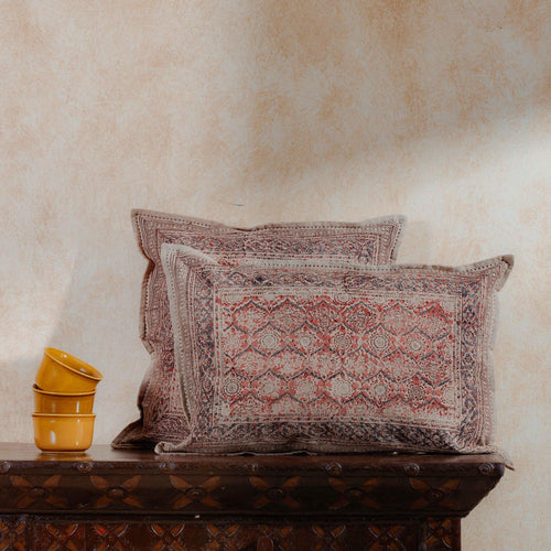 Red Firdaus Kalamkari Blockprint Cushion Cover-Cushion Covers-House of Ekam