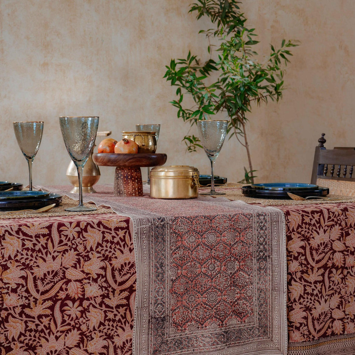 Red Firdaus Kalamkari Handblockprinted Table Runner-Table Runners-House of Ekam