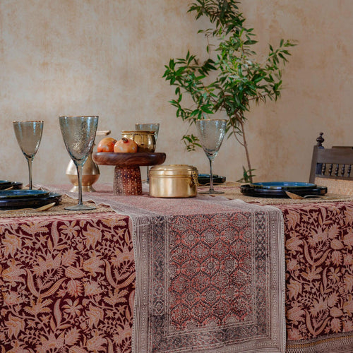 Red Firdaus Kalamkari Handblockprinted Table Runner-Table Runners-House of Ekam