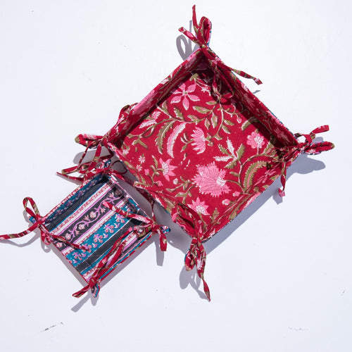 Red Floral Blockprinted Foldable Reversible Tray-Trays-House of Ekam