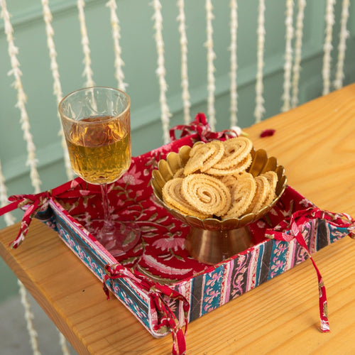 Red Floral Blockprinted Foldable Reversible Tray-Trays-House of Ekam